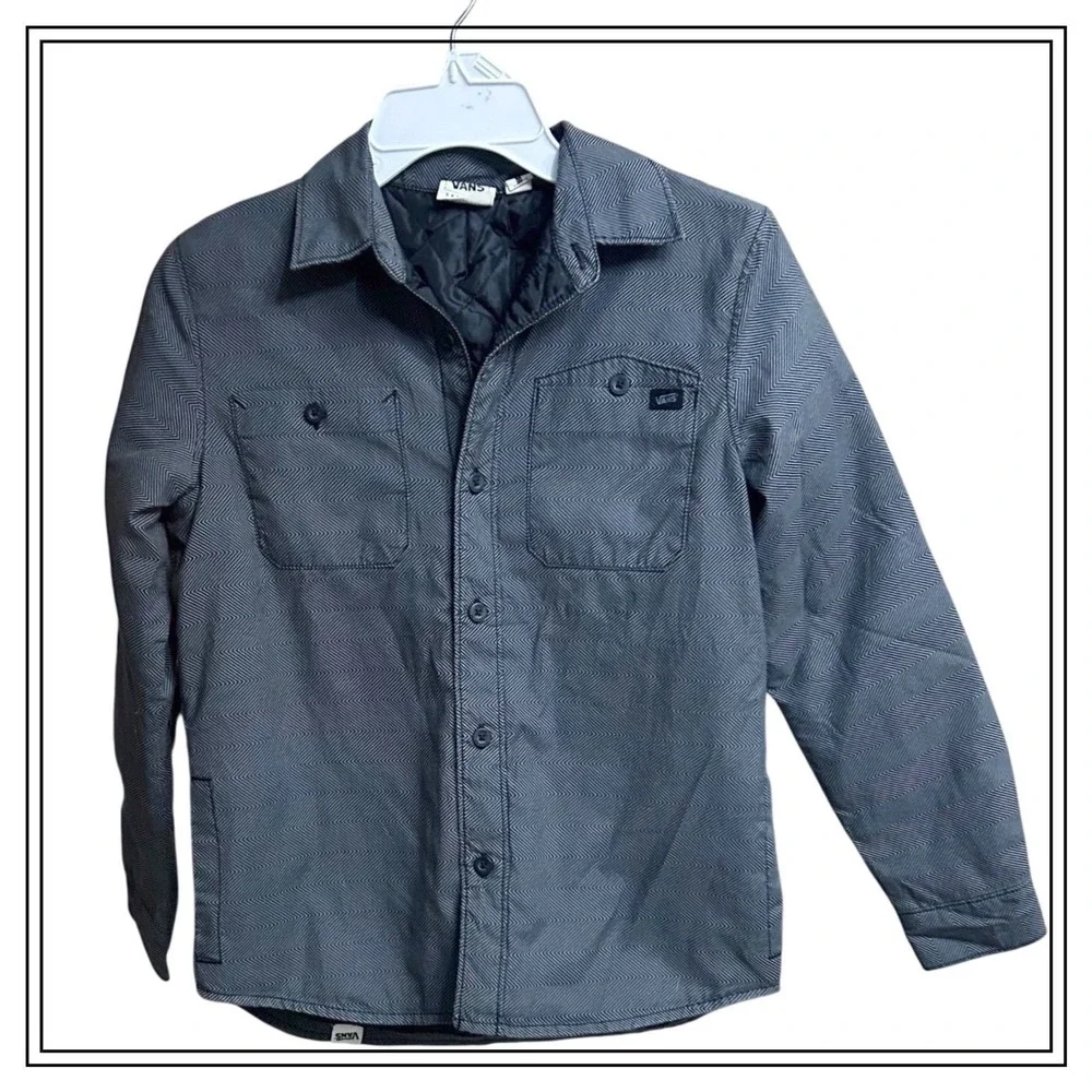 Vans Quilted Shirt Jacket Youth Medium Grey White Herringbone Lined‎ Puffer